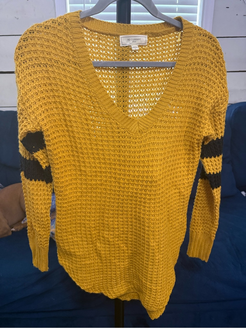 No Comment Marigold V-Neck Open-Knit Sweater with Black Sleeve Stripes